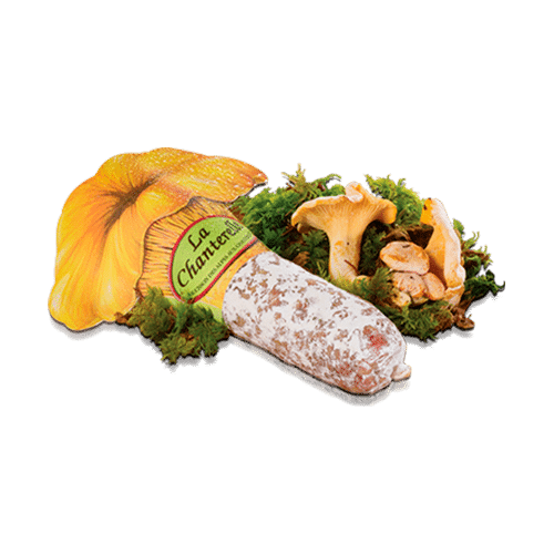 Saucisson aux chanterelles sur lit de mousse